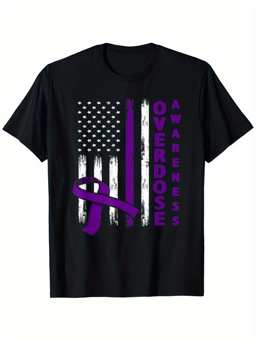 Men's Graphic T-Shirt Purple Ribbon With Grunge American Flag Overdose Awareness T Shirt