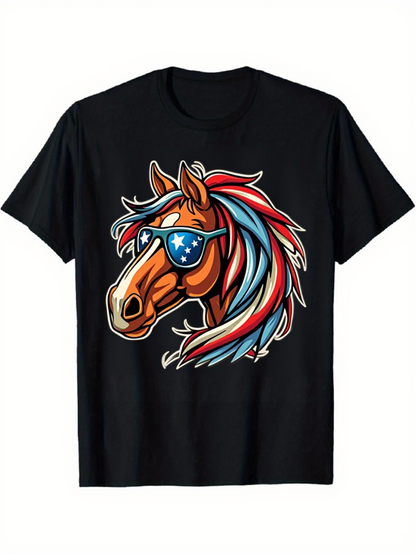 Men's Graphic T-Shirt Patriotic Sunglasses And Colorful Mane Horse