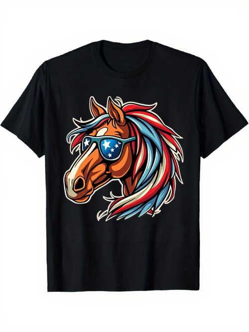 Men's Graphic T-Shirt Patriotic Sunglasses And Colorful Mane Horse
