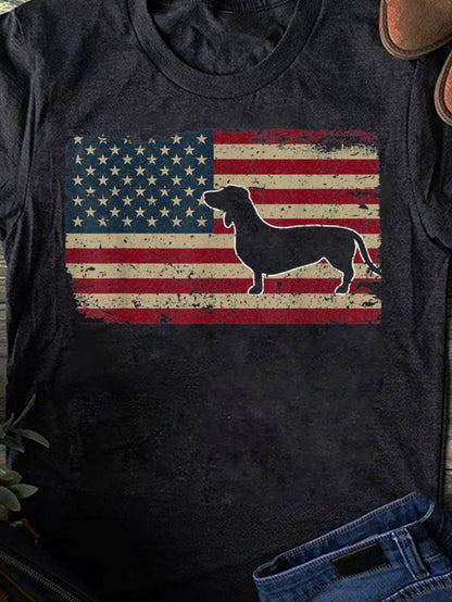 Men's Graphic T-Shirt Vintage American Flag With Liberty Stars Featuring A Dachshund Dog Silhouette