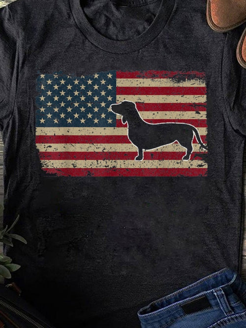 Men's Graphic T-Shirt Vintage American Flag With Liberty Stars Featuring A Dachshund Dog Silhouette