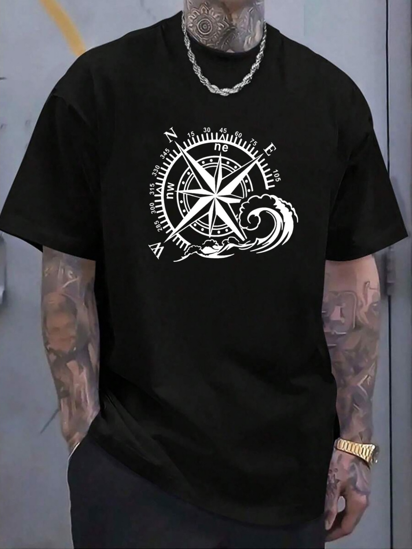 Men's Graphic T-Shirt Compass Rose With Direction Letters Amid Crashing Ocean Waves Design