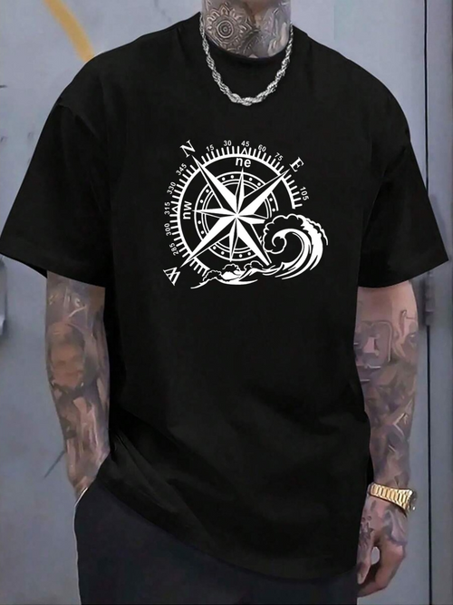 Men's Graphic T-Shirt Compass Rose With Direction Letters Amid Crashing Ocean Waves Design