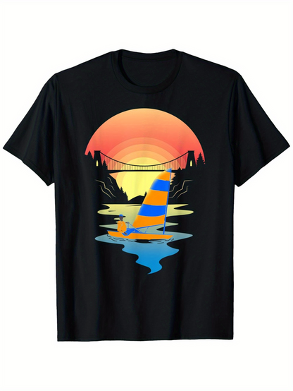 Men's Graphic T-Shirt Sunset Glow With Sailboat Under Bridge And Reflected Water