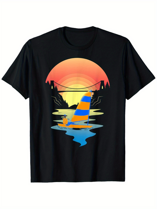 Men's Graphic T-Shirt Sunset Glow With Sailboat Under Bridge And Reflected Water