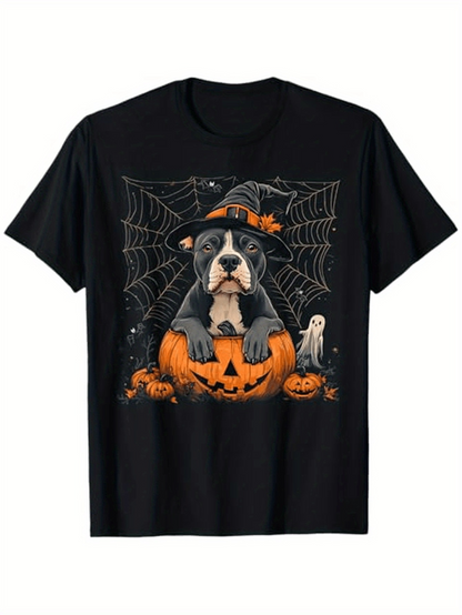 Men's Graphic T-Shirt Halloween Night With Pumpkins Spiderweb Ghost And Dog