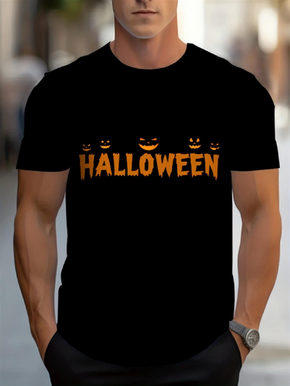 Men's Graphic T-Shirt Halloween Orange Smiling Pumpkin Faces Under Festive Night Halloween