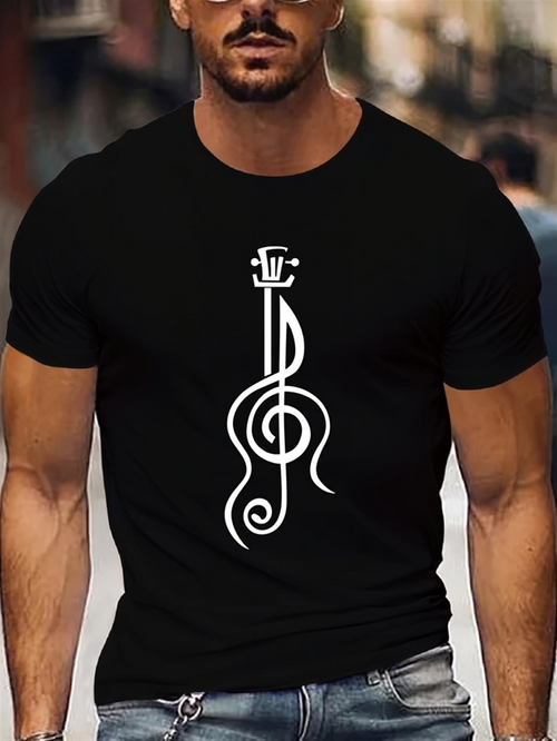 Men's Graphic T-Shirt Minimalist White Treble Clef And Headstock Graphic Guitar