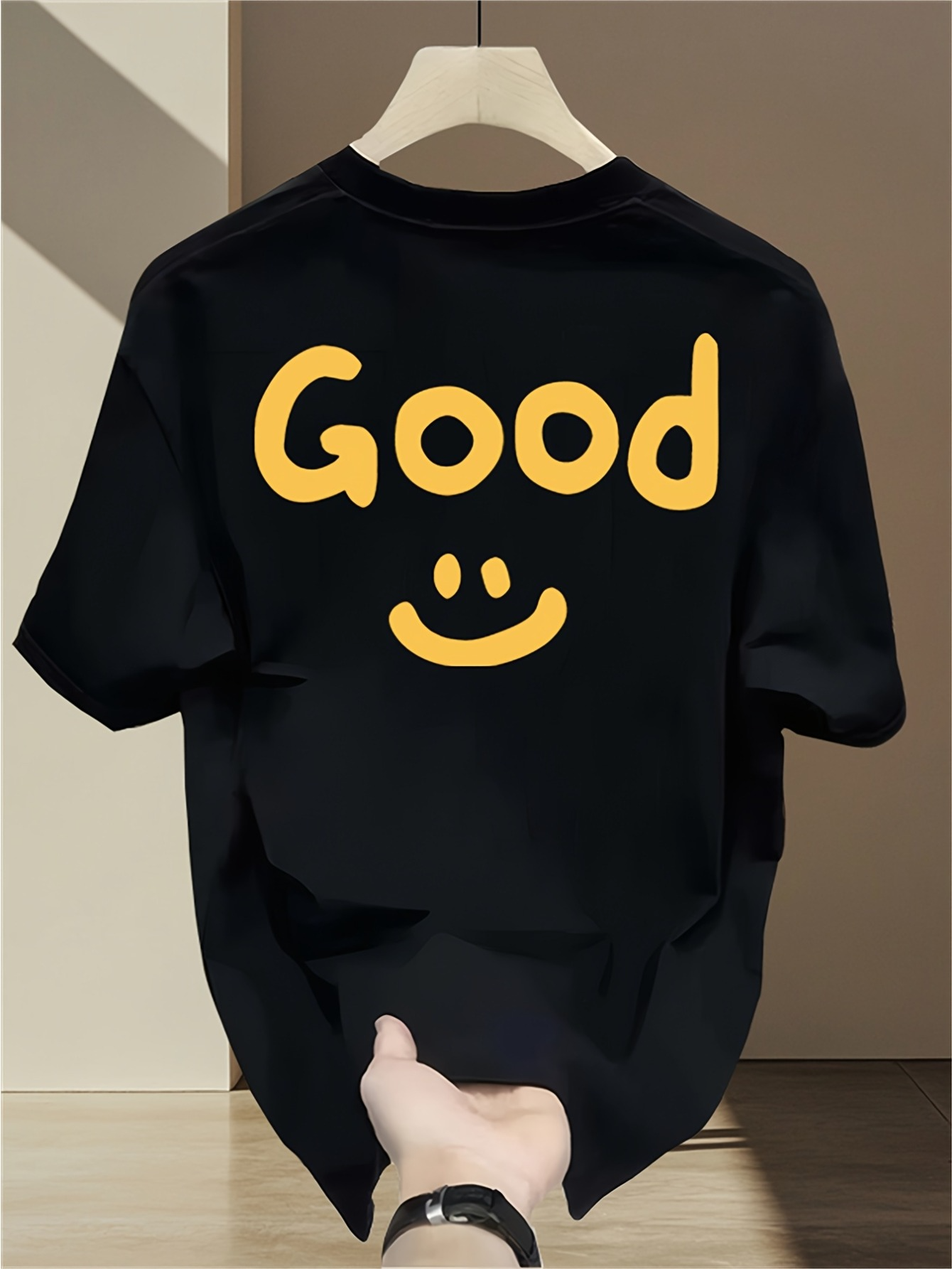 Men's Graphic T-Shirt Playful Yellow Letters And Smiling Face Print Good