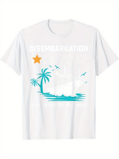 Men's Graphic T-Shirt Disembarkation With Blue Waves Palm Tree And Seagulls Scenic Ship