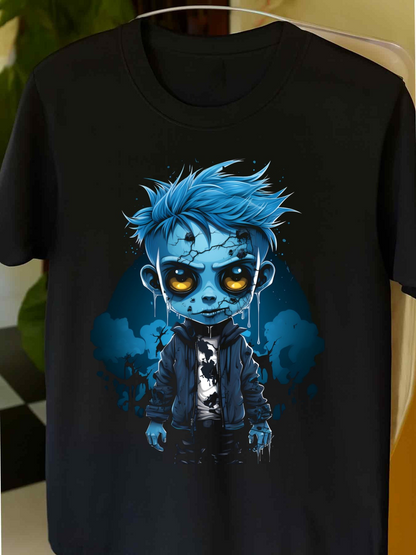 Men's Graphic T-Shirt Electric Blue Aura Shining Around Cartoon Zombie Boy