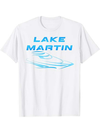 Men's Graphic T-Shirt Lake Martin Speedboat With Blue Graphic On White Shirt