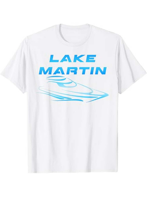 Men's Graphic T-Shirt Lake Martin Speedboat With Blue Graphic On White Shirt