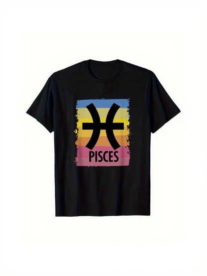 Men's Graphic T-Shirt Retro Vibrant Sunset Colors With Bold Zodiac Pisces Symbol