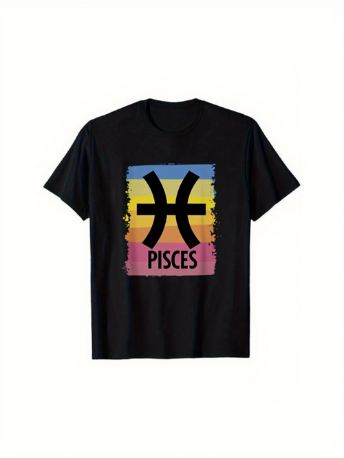 Men's Graphic T-Shirt Retro Vibrant Sunset Colors With Bold Zodiac Pisces Symbol