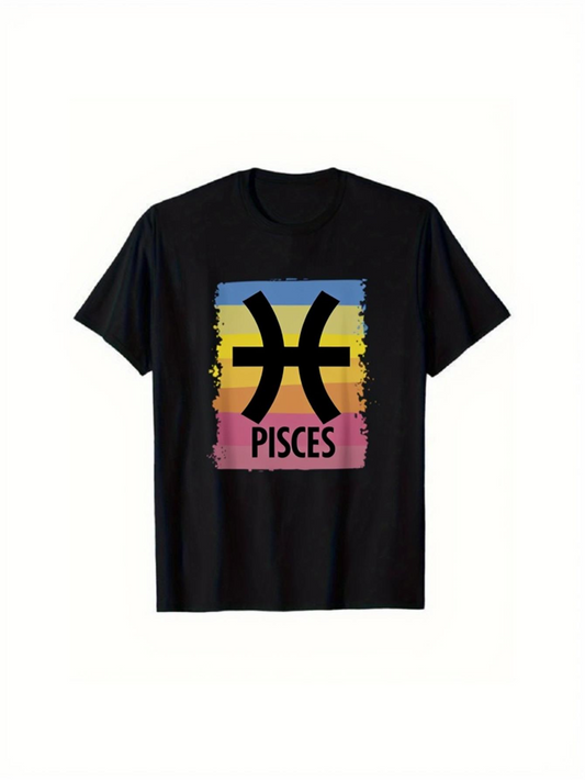 Men's Graphic T-Shirt Retro Vibrant Sunset Colors With Bold Zodiac Pisces Symbol