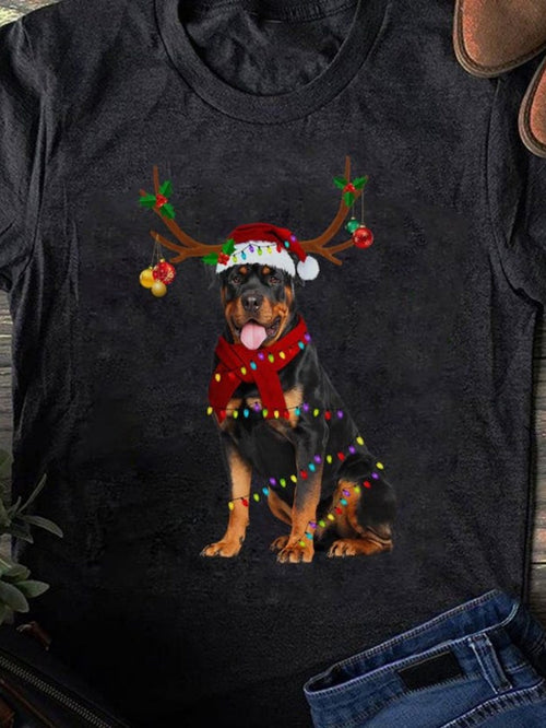 Men's Graphic T-Shirt Festive Lights Decorated Dog Wearing Christmas Hat And Antlers