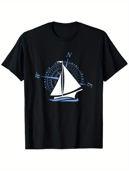 Men's Graphic T-Shirt Sailing Compass Over Gentle Blue Waves With A White Sailboat