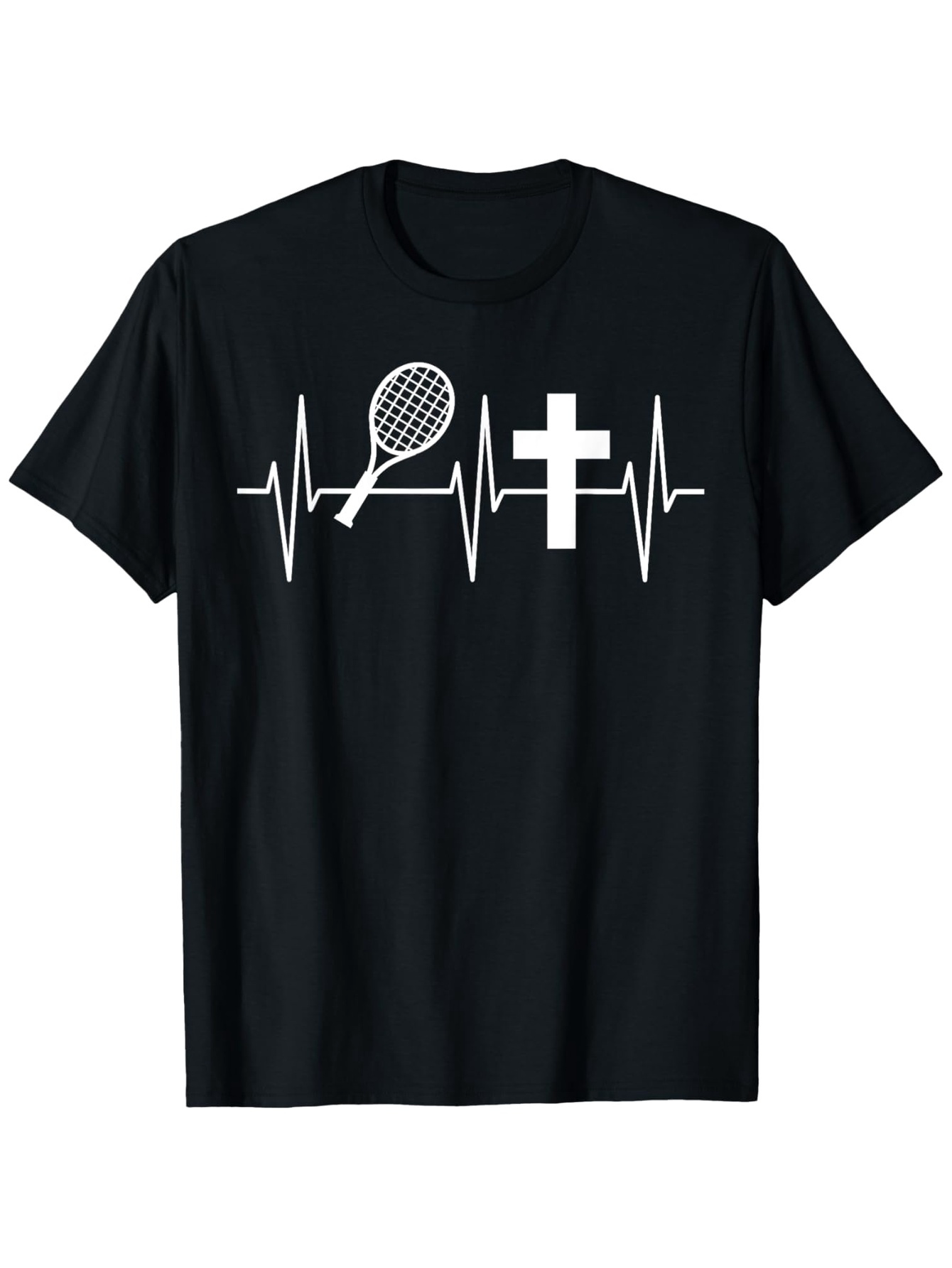 Men's Graphic T-Shirt Heartbeat Line With Tennis Racket And Religious Christian Cross
