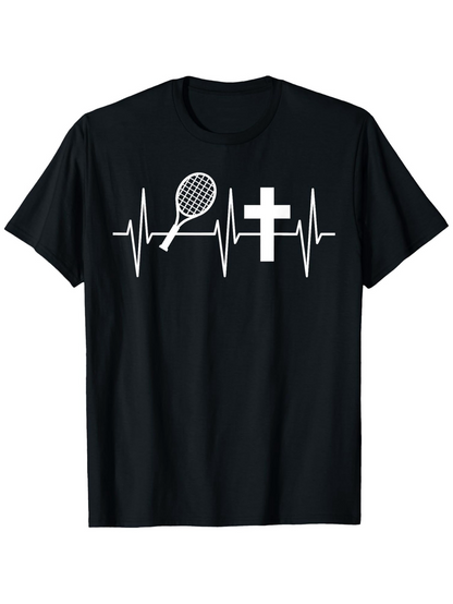 Men's Graphic T-Shirt Heartbeat Line With Tennis Racket And Religious Christian Cross