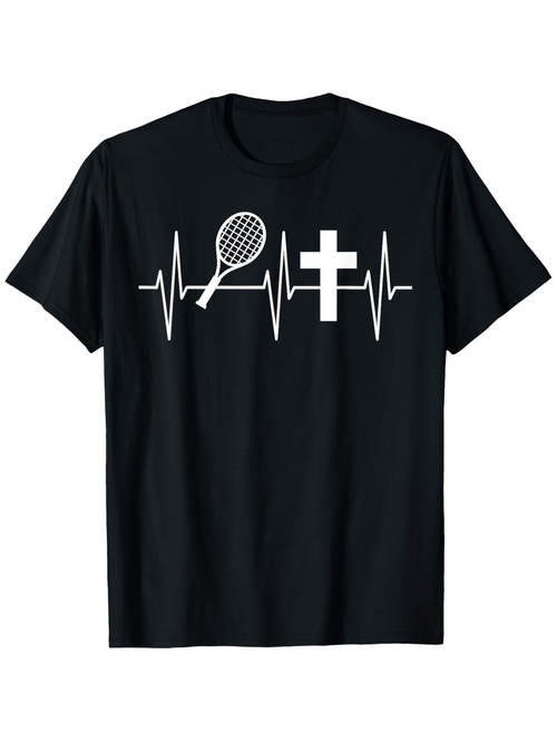 Men's Graphic T-Shirt Heartbeat Line With Tennis Racket And Religious Christian Cross