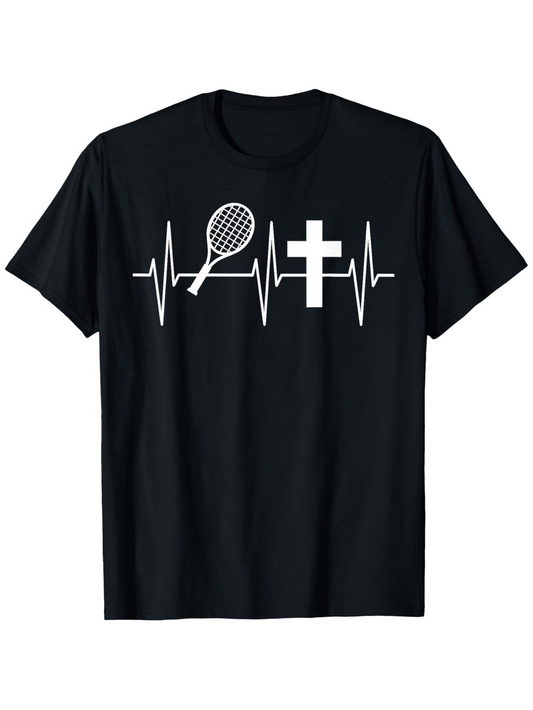 Men's Graphic T-Shirt Heartbeat Line With Tennis Racket And Religious Christian Cross