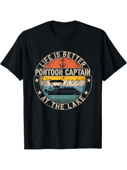 Men's Graphic T-Shirt Life Is Better At The Lake With Colorful Sunset Pontoon Boat