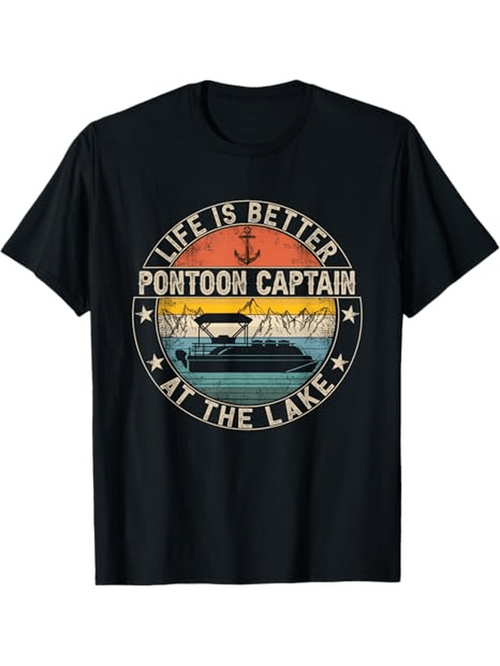 Men's Graphic T-Shirt Life Is Better At The Lake With Colorful Sunset Pontoon Boat