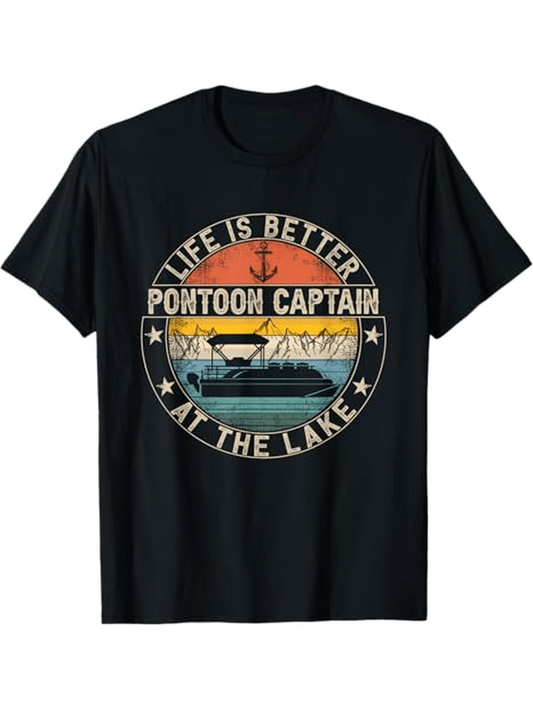 Men's Graphic T-Shirt Life Is Better At The Lake With Colorful Sunset Pontoon Boat