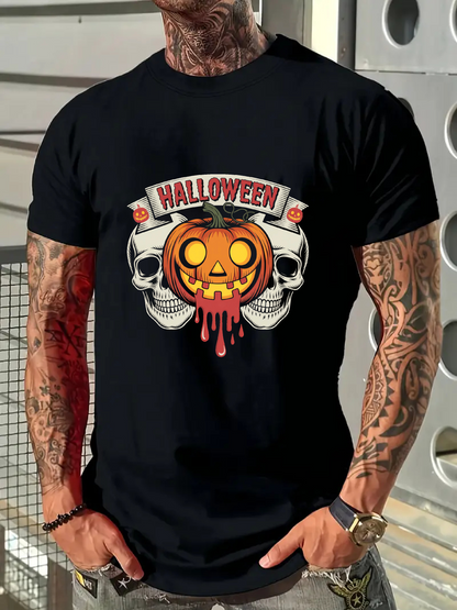 Men's Graphic T-Shirt Halloween Banner With Melting Pumpkin Head Surrounded By Two White Skulls