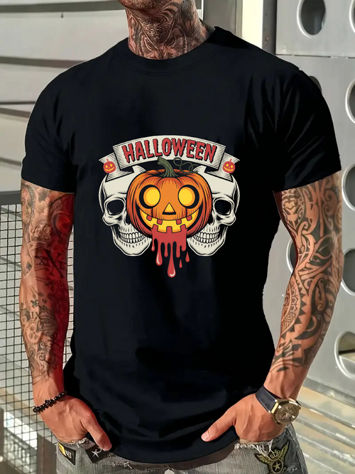 Men's Graphic T-Shirt Halloween Banner With Melting Pumpkin Head Surrounded By Two White Skulls