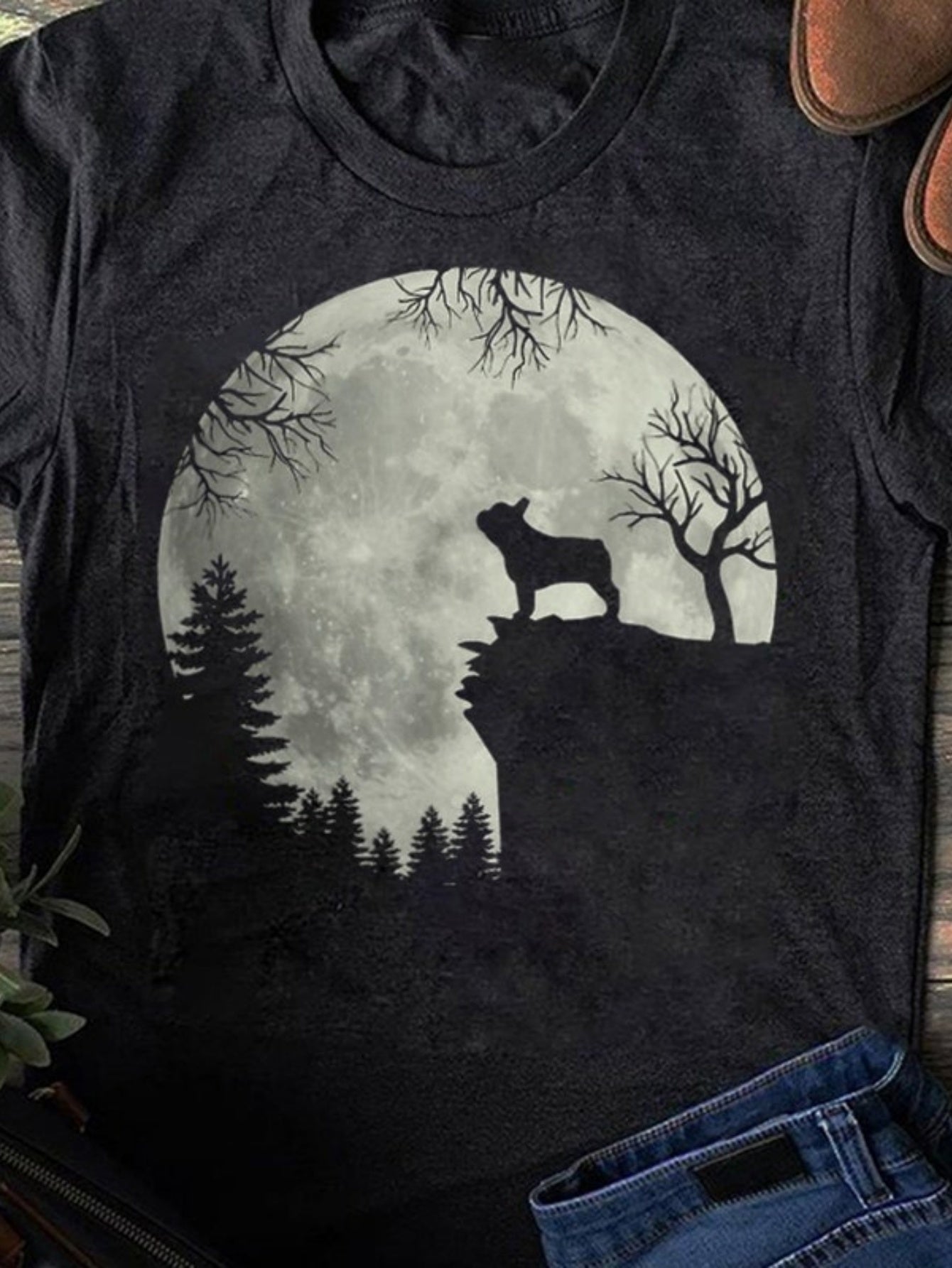 Men's Graphic T-Shirt Full Moon Night With Wolf Howling Over Forest Cliffs