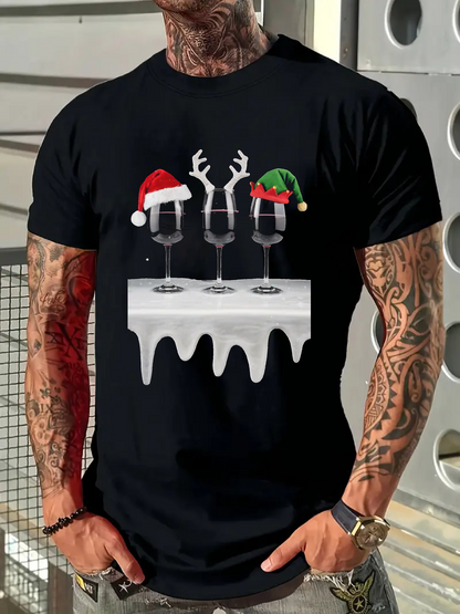 Men's Graphic T-Shirt Icy Festive Table With Wine Glasses Wearing Christmas Hats