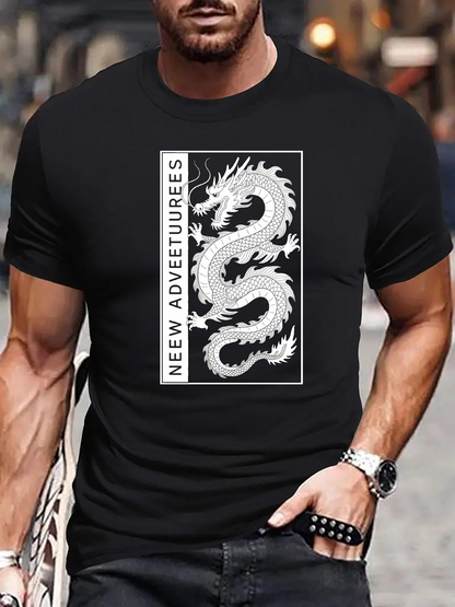 Men's Graphic T-Shirt New Adventures Ornate Dragon Surrounded By Bold Framing Dark Background