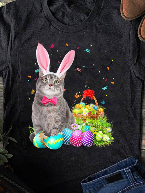Men's Graphic T-Shirt Playful Gray Cat With Bunny Ears Surrounded By Colorful Easter Eggs