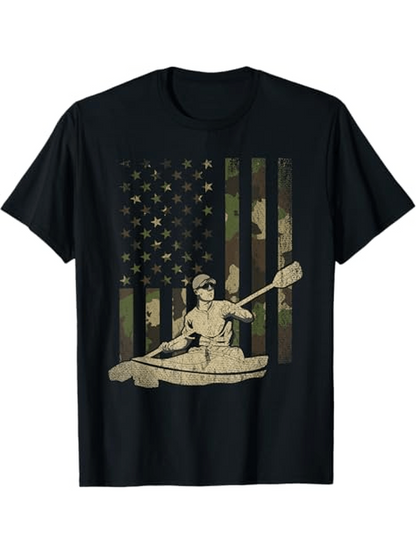 Men's Graphic T-Shirt Rustic Camouflage American Flag With Kayaker Paddling Outdoor Adventure Canoe
