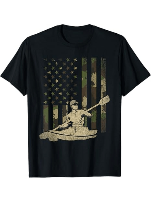 Men's Graphic T-Shirt Rustic Camouflage American Flag With Kayaker Paddling Outdoor Adventure Canoe