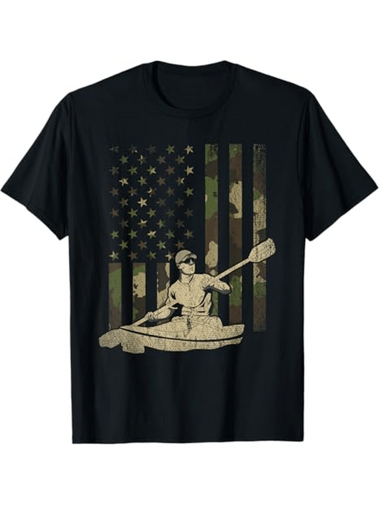 Men's Graphic T-Shirt Rustic Camouflage American Flag With Kayaker Paddling Outdoor Adventure Canoe
