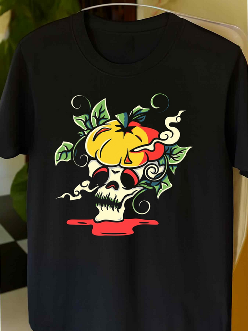 Men's Graphic T-Shirt Colorful Leaves Surrounding Skull Under Ripe Pumpkin Fruit