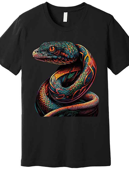 Men's Graphic T-Shirt Vivid Neon Swirls With Fierce Gaze Highlighting Coiled Serpent Snake