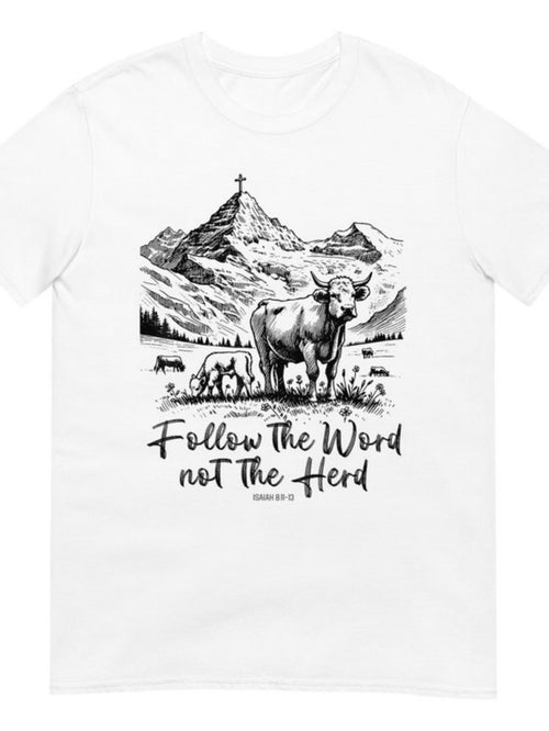 Men's Graphic T-Shirt Follow The Word Not The Herd With Grazing Cows Mountain Cross Scenery