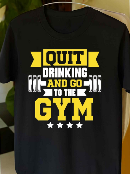 Men's Graphic T-Shirt Quit Drinking And Go To The Gym Motivational Text With Dumbbells And Stars Gym