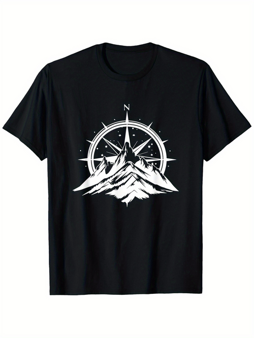 Men's Graphic T-Shirt Northern Star Shining Over Mountain Peaks Compass Design