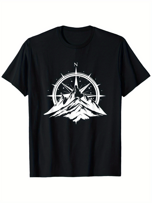 Men's Graphic T-Shirt Northern Star Shining Over Mountain Peaks Compass Design