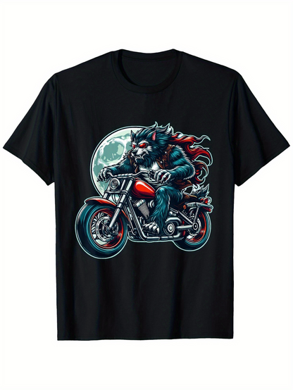 Men's Graphic T-Shirt Full Moon Night With Fierce Wolf Racing On Motorcycle