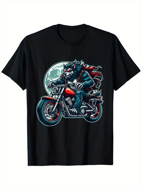 Men's Graphic T-Shirt Full Moon Night With Fierce Wolf Racing On Motorcycle