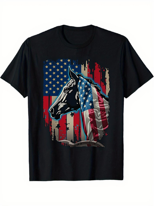 Men's Graphic T-Shirt Patriotic Painted Grunge Effect American Flag With Majestic Horse