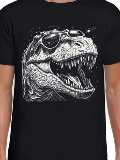 Men's Graphic T-Shirt Fierce Roaring Dinosaur With Sunglasses Under Starry Cosmic Sky Tyrannosaurus