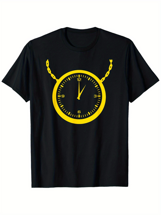 Men's Graphic T-Shirt Golden Chain With Yellow Clock Pendant Design Watch