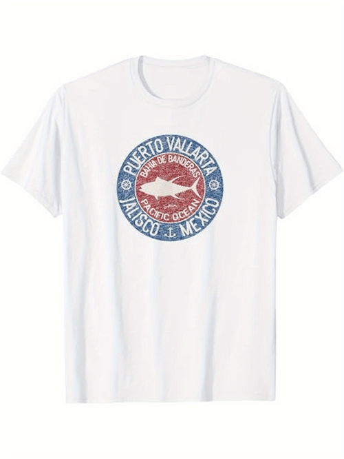 Men's Graphic T-Shirt Puerto Vallarta Sun Faded Coastal Round Seal With Red Marlin Ocean Fish